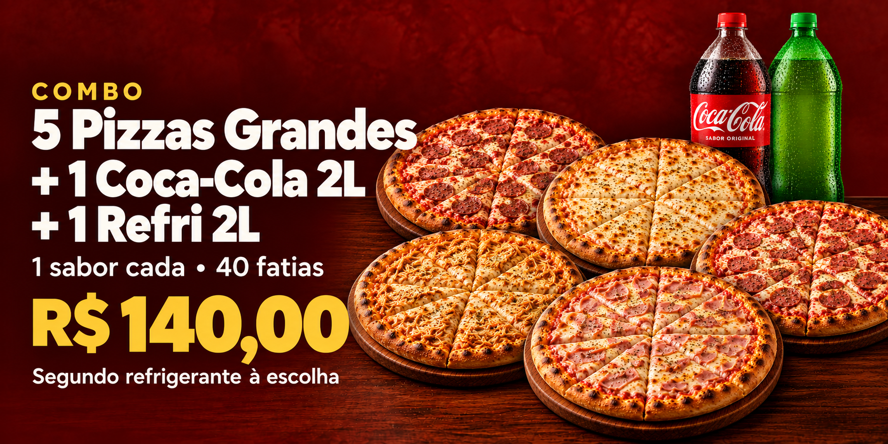 COMBO: 5 Pizzas Grandes + 1 Coca-Cola 2L + 1 Refri 2L